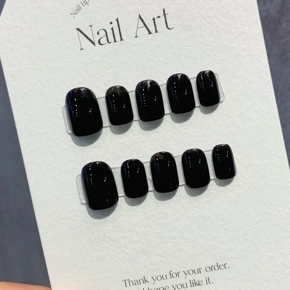 Handmade Press on Nails Short Black Simple Reusable Adhesive False Nails Artifical Acrylic Full Cover Nail Tips To Stick On