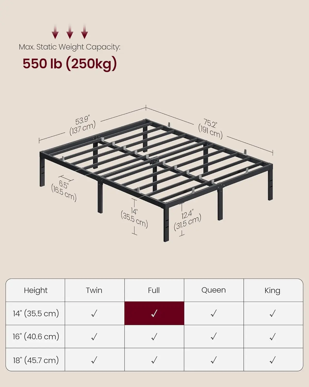 Full Metal Bed Frame 14 Inches Tall, 1100 lb Weight Capacity, No Box Spring, with Under Bed Storage, Heavy-Duty Platform Bed