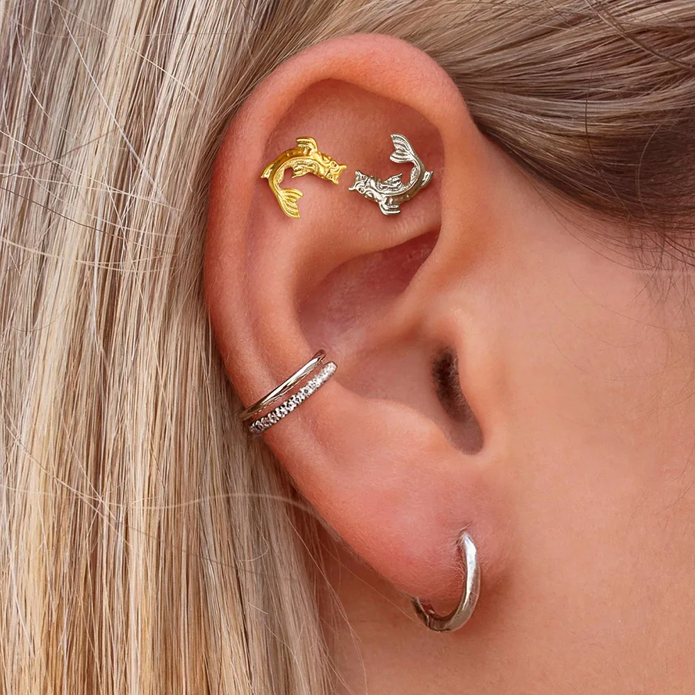 Casvort 1 Stück ASTM F136 Titan Koi-Fisch Labret Piercing Lippen-Nasenring Flacher Ohrstecker Gewindeloser Helix Conch Schmuck – Detail 6
