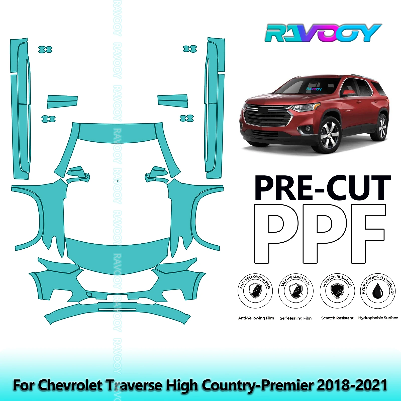 RAVOOY 8.5Mil Precut TPU PPF Front Kit+Rockers Clear Bra Stone Guard For Chevrolet Traverse High Country-Premier 2018-2021