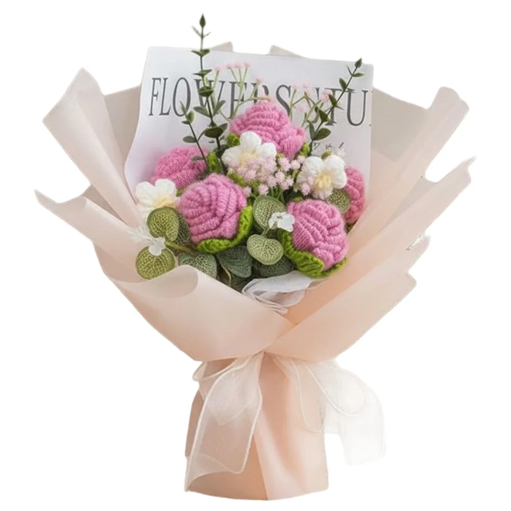 

Handcrafted Crochet Rose Bouquet Featuring Five Roses Made with Knitted Fabric Designed for Long Lasting Decorative Purposes