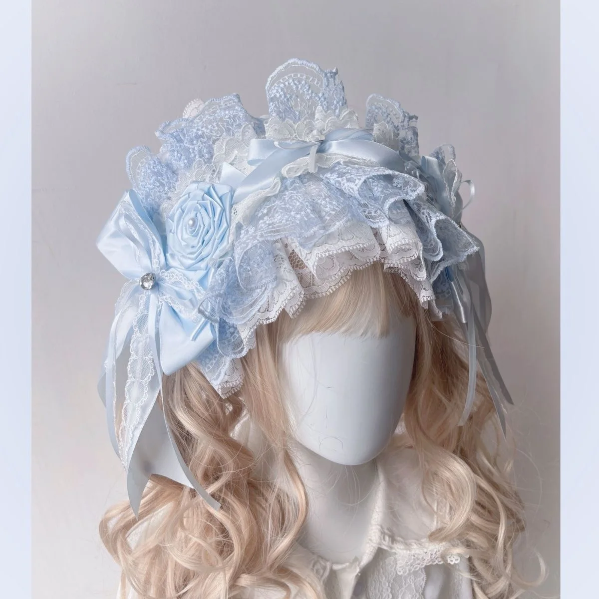 flower tiara blue Lolita cosplay y2k accessories rose hair bands lace hair bow gothic lolita accessories hair ties harajuku view 2