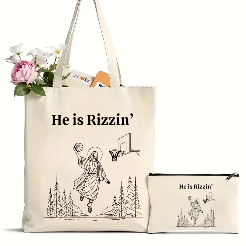 

2Pcs Funny Easter Jesus Christian Faith Religious Gift Pattern Tote Bag Canvas Shoulder Bag For Travel Daily Commute Women