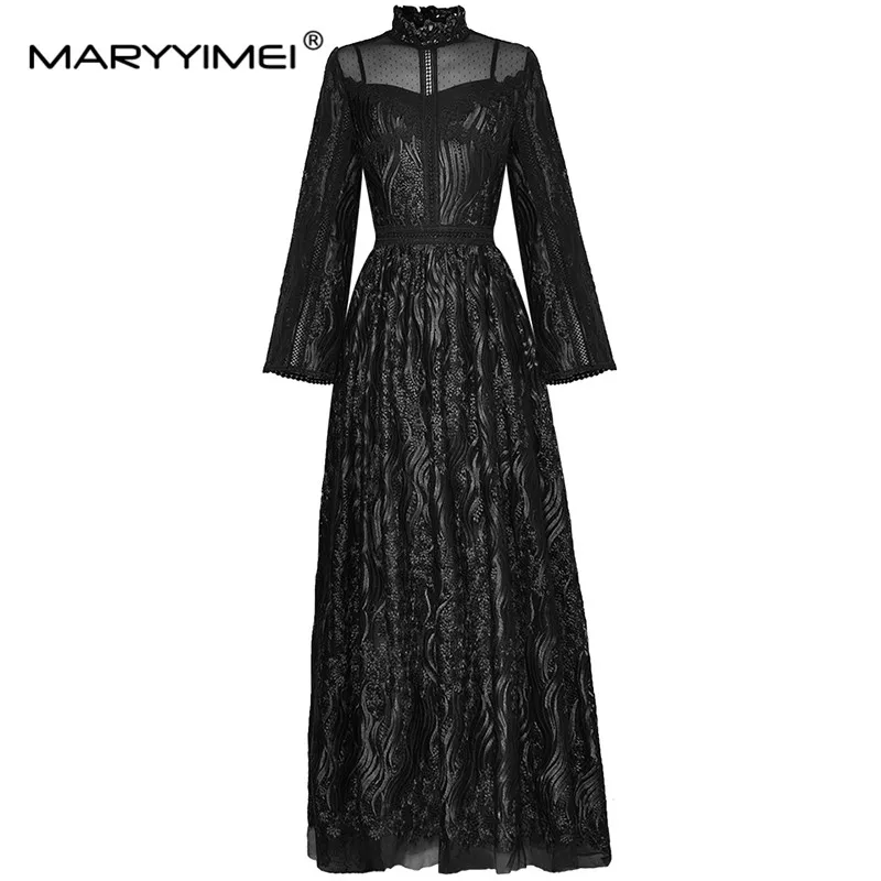 

MARYYIMEI Fashion Runway dress Autumn Women Dress Stand Collar Flare sleeve Embroidery mesh Red Maxi Party Dresses