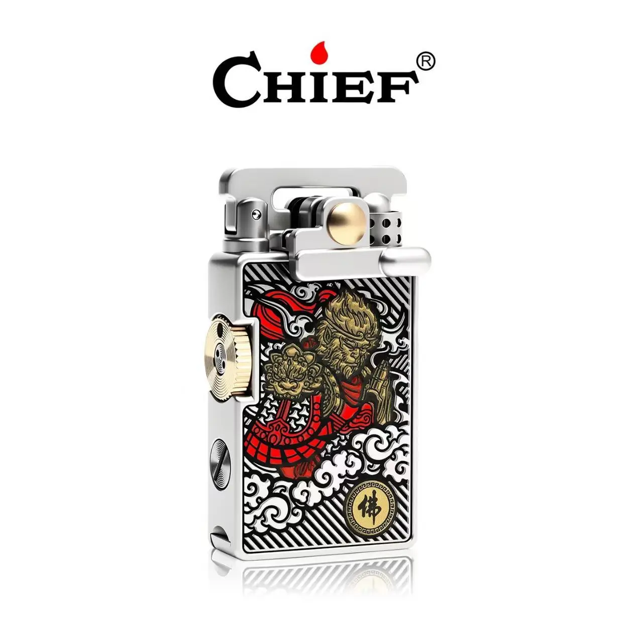 CHIEF Rocker Vintage petrol Lighter, Windproof Refillable Oil Lighter Zinc Alloy & PU Leather with Metal Patch Pocket Size Gift