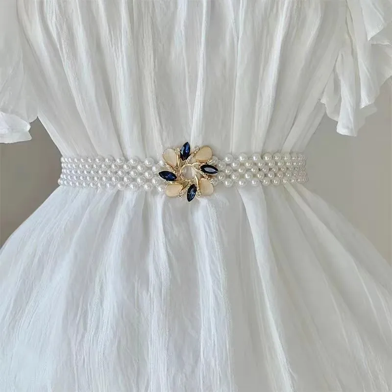 Pearl waist chain women's decorative belt, thin elastic waist cincher to pair with dresses, versatile Korean style