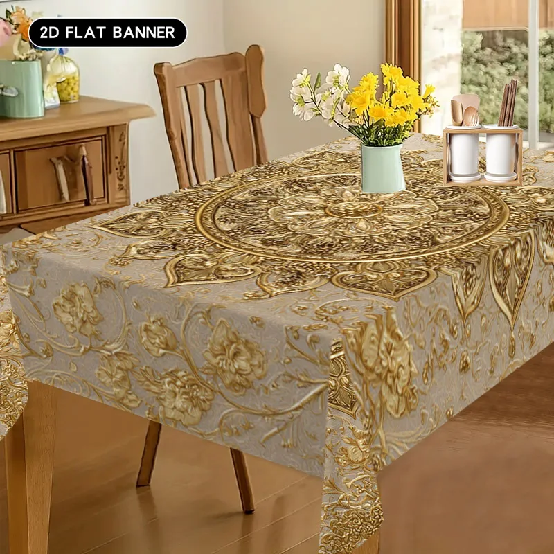 Halloween, Christmas, 1pc 2D Golden Floral Eid Tablecloth, Mubarak Banner Ramadan Decor Islamic Party Table Decoration, Arabic Table Centerpiece, Suitable for Kitchen Dining Room Living Room Bedroom Table Cover, Outdoor Celebrations, Washable