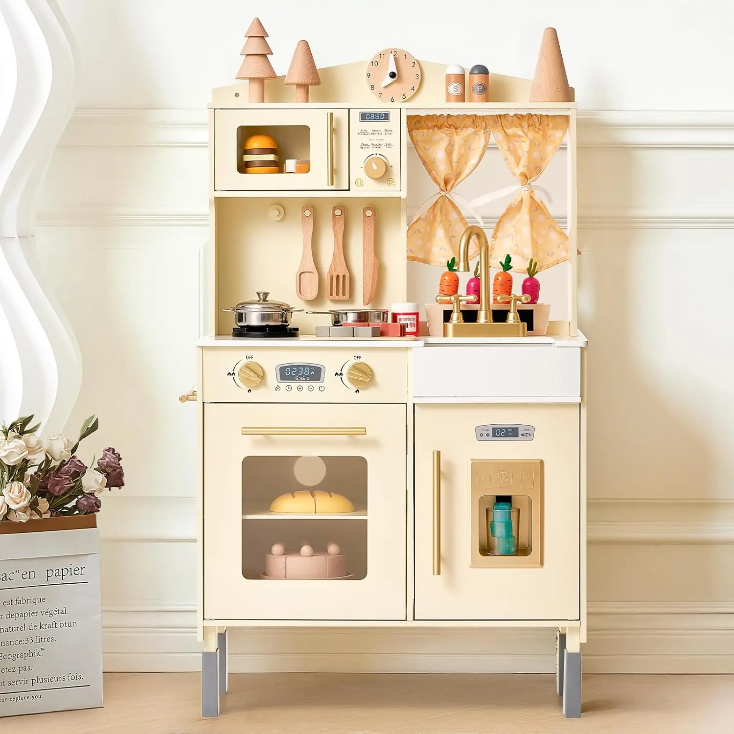 Ensemble de jeu en bois pour tout-petit, cuisine, micro-ondes, machine à glaçons, four, ustensiles de cuisine, accessoires, jeu de simulation, évier