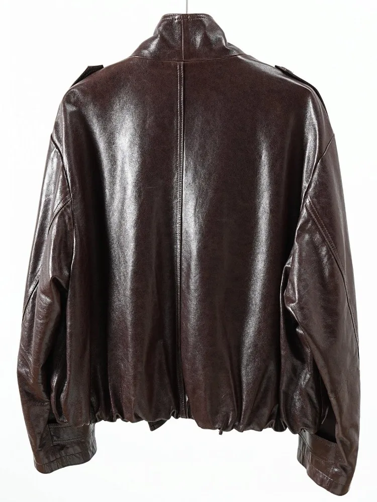 Streetwear Ladies Single-Breasted Pockets Genuine Leather Jackets Solid Color Stand Collar Long Sleeves Loose Sheepskin Outwear