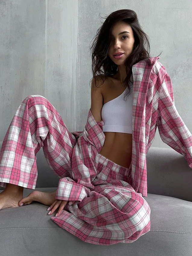 

Comfortable Long Sleeve Long Pants Sleepwear Women's Set Home Clothes Outdoor Wearable Plaid High Waist Button Style Loose Fit