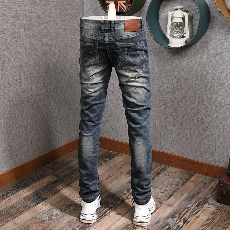 Fashion Vintage Men Jeans Retro Black Blue Elastic Stretch Slim Ripped Jeans Men Distressed Washed Designer Denim Pants Hombre