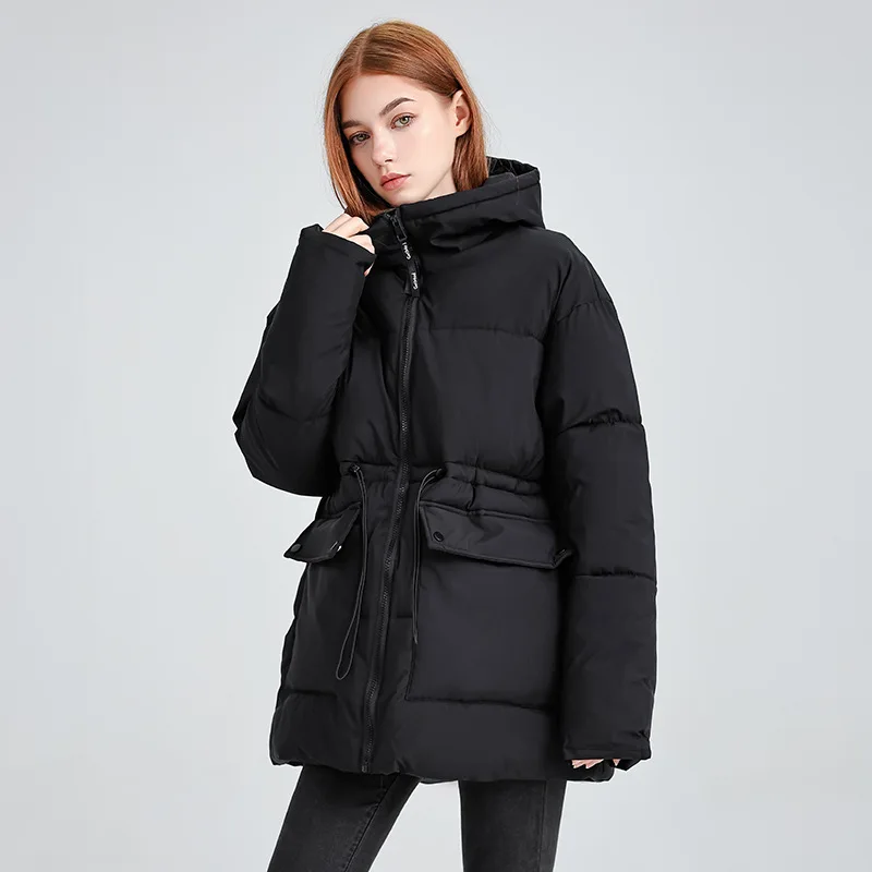 ミッドロング丈のダウンコットンジャケット（レディース）、2025年冬新作ワークウェア、韓国風ゆったりフード付き