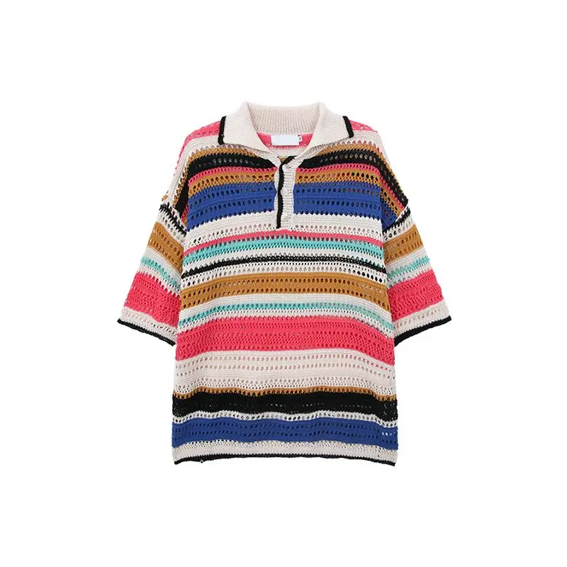 American retro striped contrasting knitted polo shirt loose summer new style lapel casual short sleeved men and women T-shirt