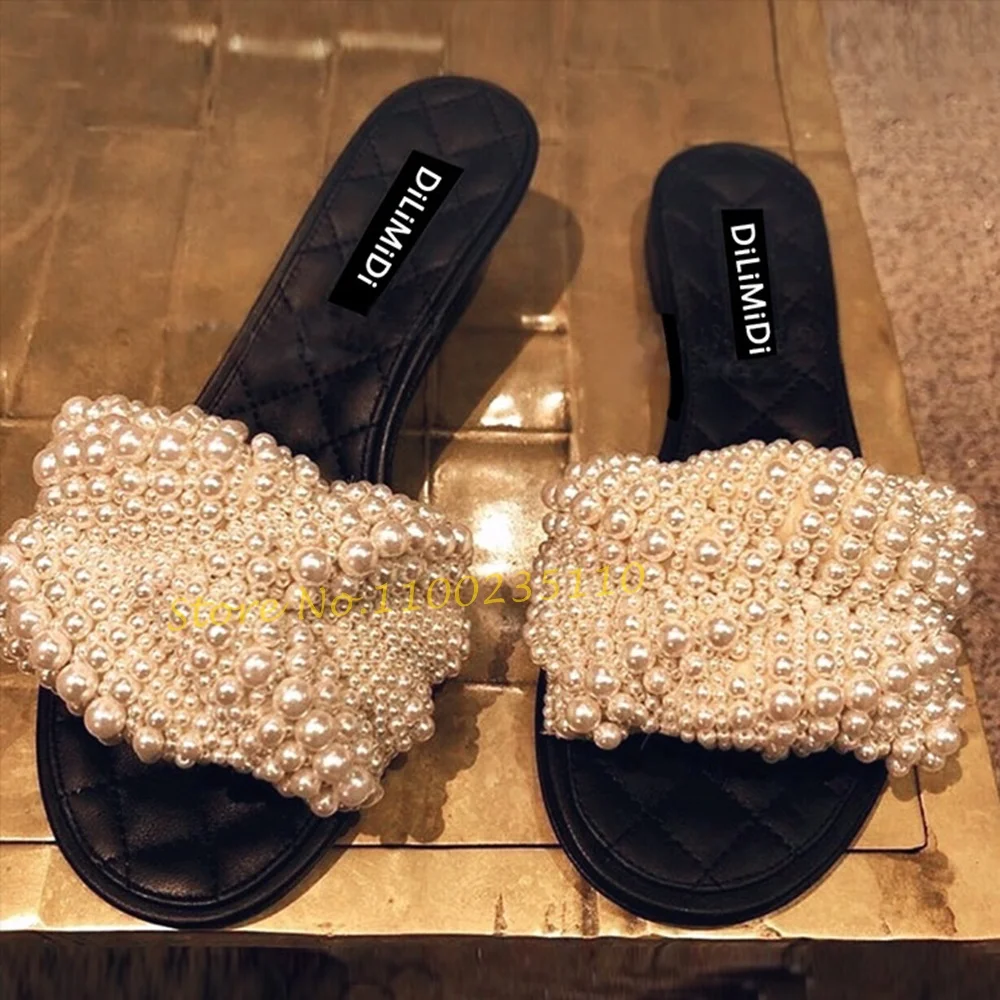 Luxury Women Pearls Flat Slippers Banquet Comfy Sweet Slippers Solid Open Toe 2022 Women Spring Summer Elegant Pearl Shoes