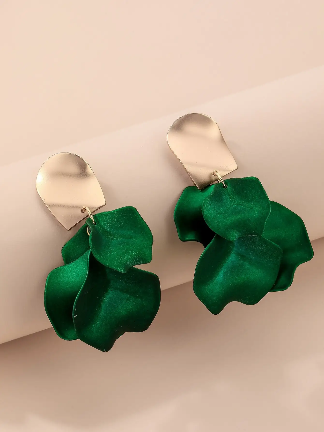 

Emerald Green Velvet Flower Drop Earrings with Gold Tone Clip-On Design
