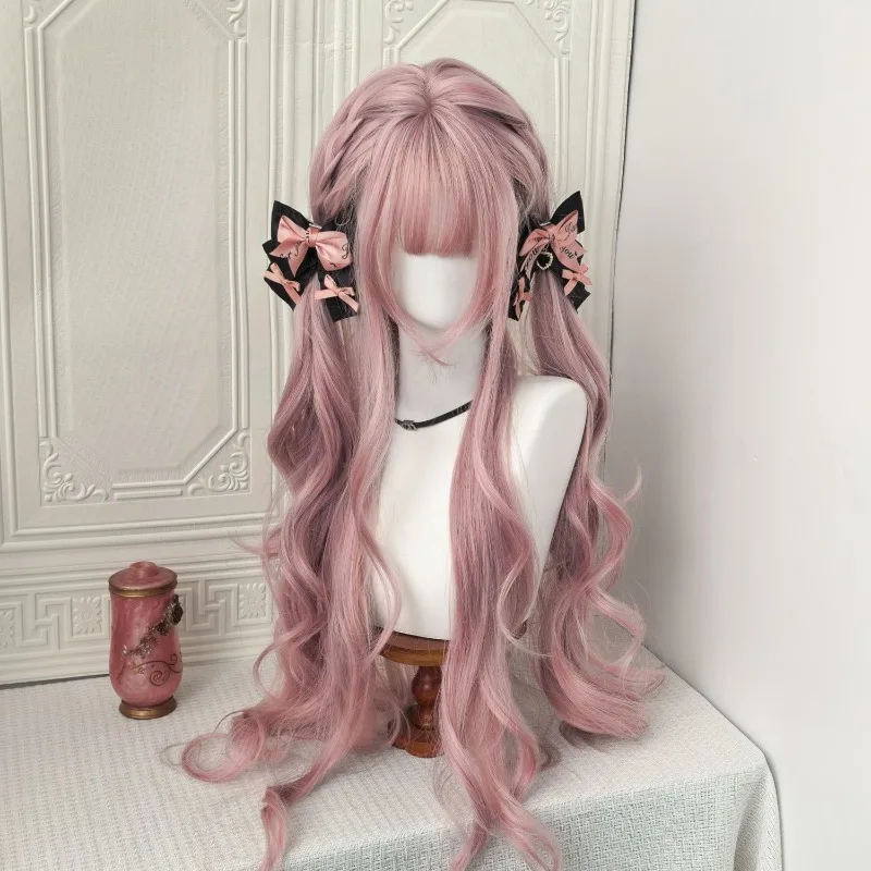 Pink Purple Long Curly Synthetic Wig for Women Full Bangs 85cm Heat Resistant Full Head Wig Natural Looking Daily Party Wear