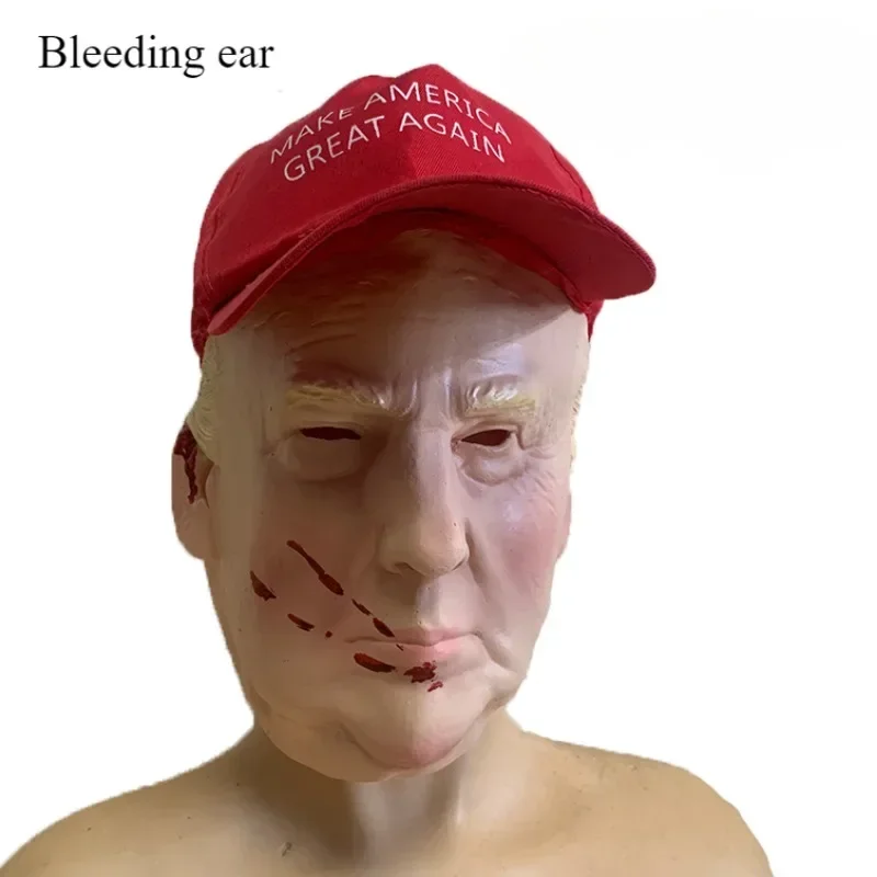 Trump Latex Mask Bleeding Ear Halloween Cosplay Full Face American Former President Head Cover Donald Trump Presidential Props