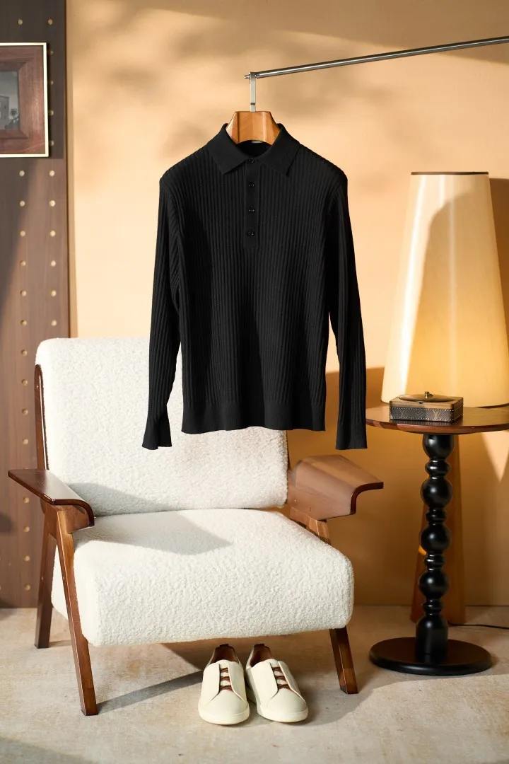 BR Men Vertical Rib Texture Knit Polo Shirt Business Casual Turn Down Collar Four Button Autumn Winter
