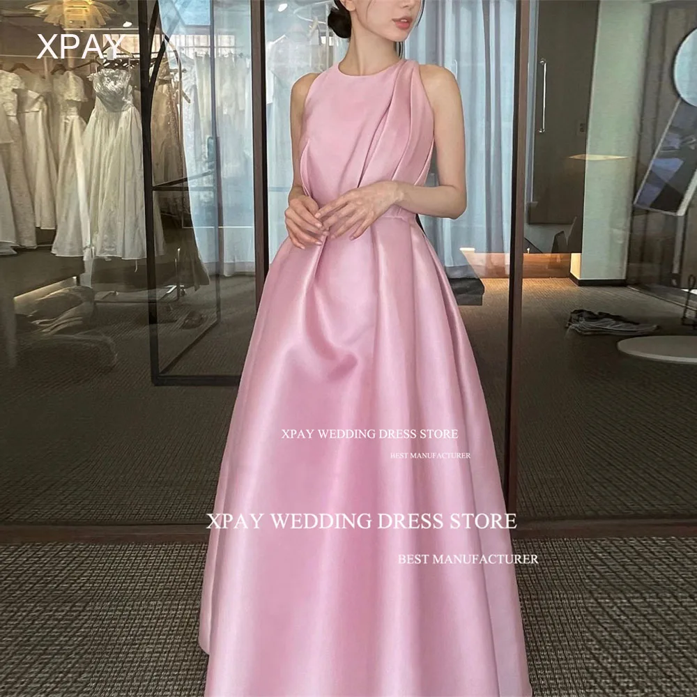 

XPAY Elegant O Neck Pink Korea Evening Party Dresses A Line Wedding Photos Shoot Draped Pleat Floor Length Prom Gown Custom Made