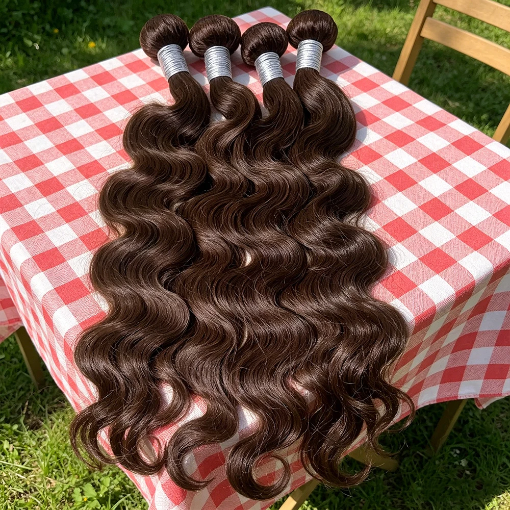 #4 Chocolate Brown Colored Body Wave Human Hair Bundles With 4x4/5x5/13x4 Closure Frontal Remy Human Hair Weave Extensions 2X6 Middle Part Lace With Bundles