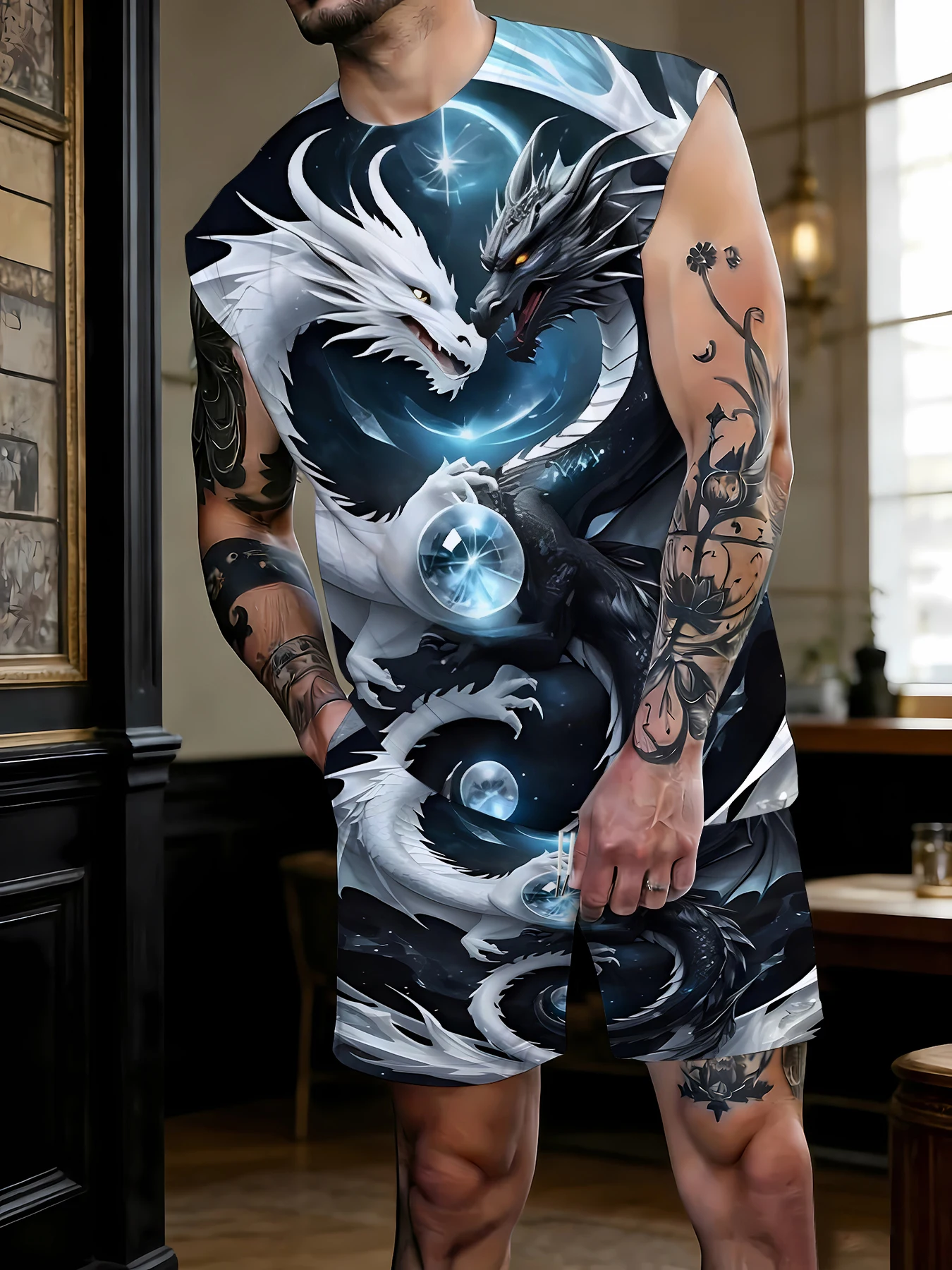 

Men's Tropical Floral Print Tank Top and Shorts Set Polyester Beachwear Quick Dry Vacation Outfit