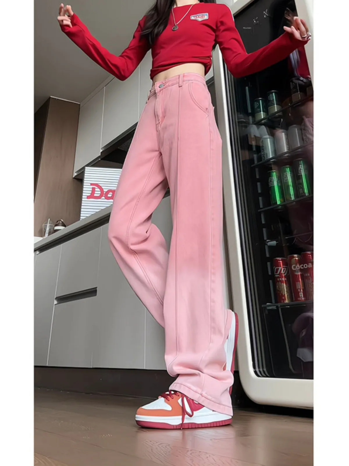 

Розовые джинсы с микроклешем и рваным краем, мужские, в американском стиле High Street, с пэчворком, узкие, длинные брюки с эффектом потертости