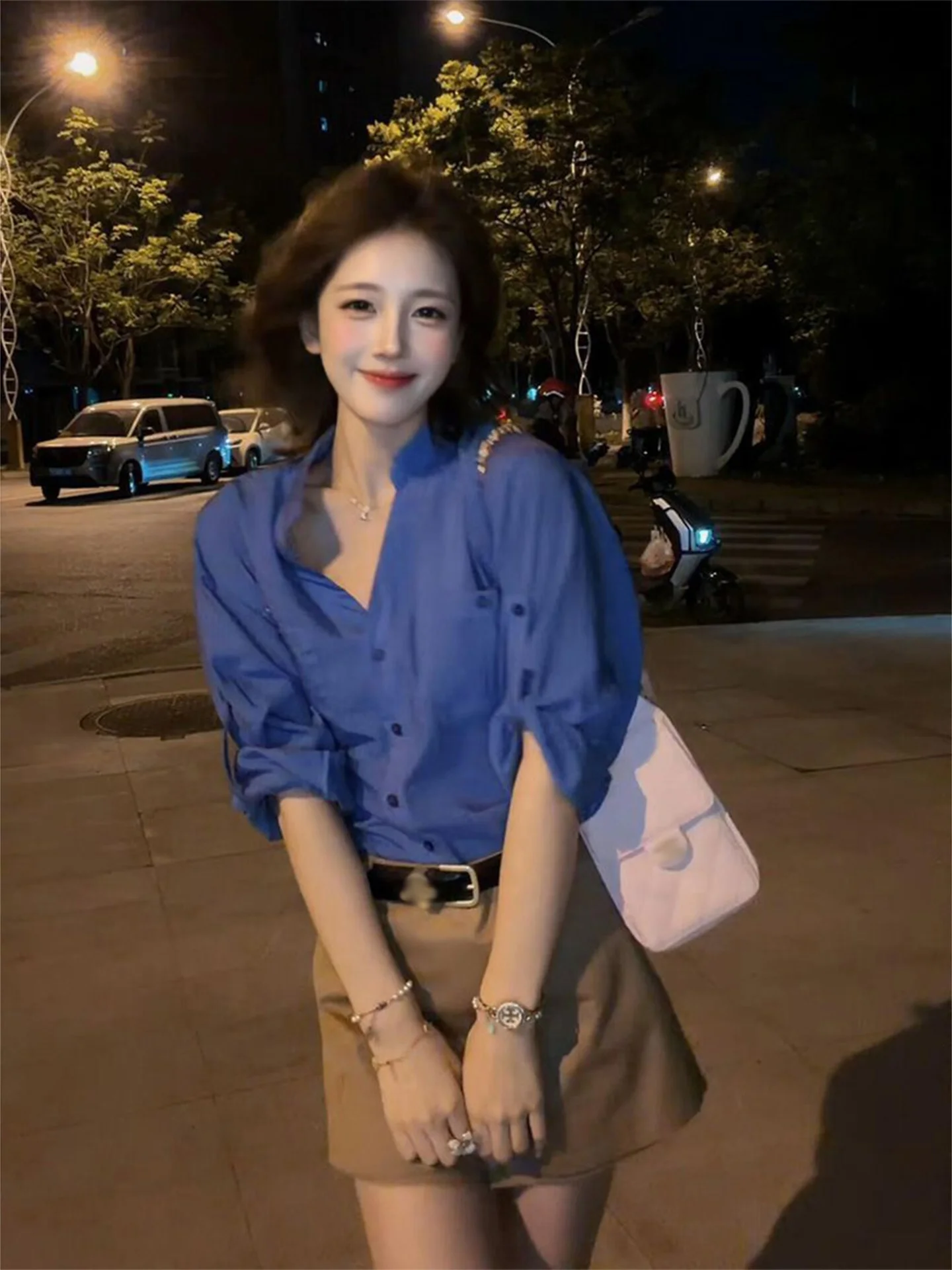 High-End Klein Blue Long Sleeve Loose Women's Shirt Autumn Outerwear Khaki  Skirt Two-Piece Set Casual Style Breathable L...