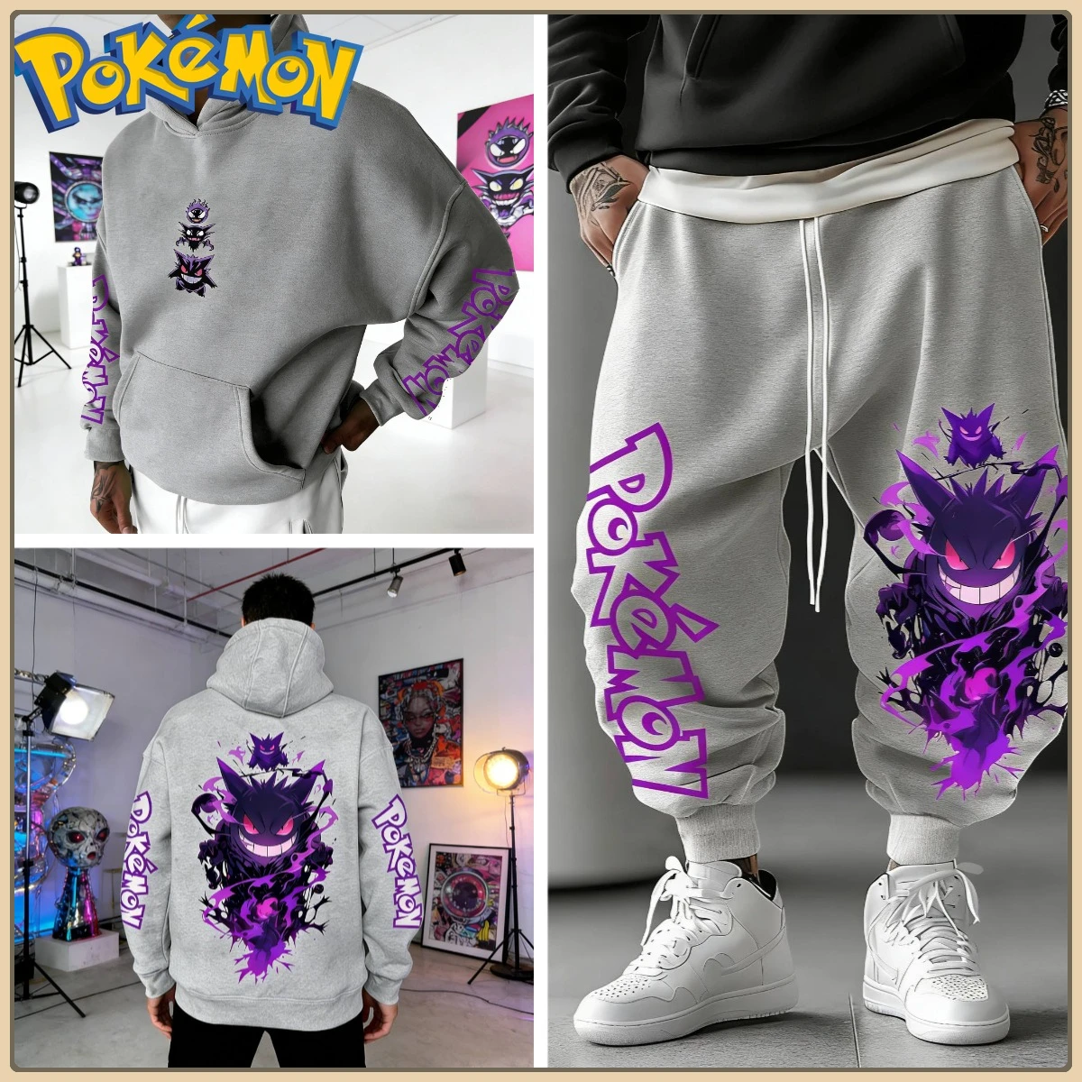 ชุดเสื้อฮู้ดสีดำและกางเกงขายาวพิมพ์ลายตัวละครโปเกมอนที่แขนเสื้อและข้างเสื้อ ชุดลำลองสไตล์สตรีทแอนิเมะสำหรับผู้ชายและผู้หญิง