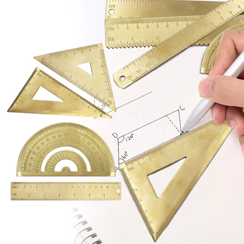 Golden Brass Stationery Set Featuring Ruler Protractor and Triangles for Precision Measuring and Creative Projects