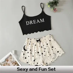 New Summer Women's Sexy Slim Fit Fun Print Tie Dye Two Piece Set Sleeveless Suspended Shorts Sexy Sleepwear Set at Home