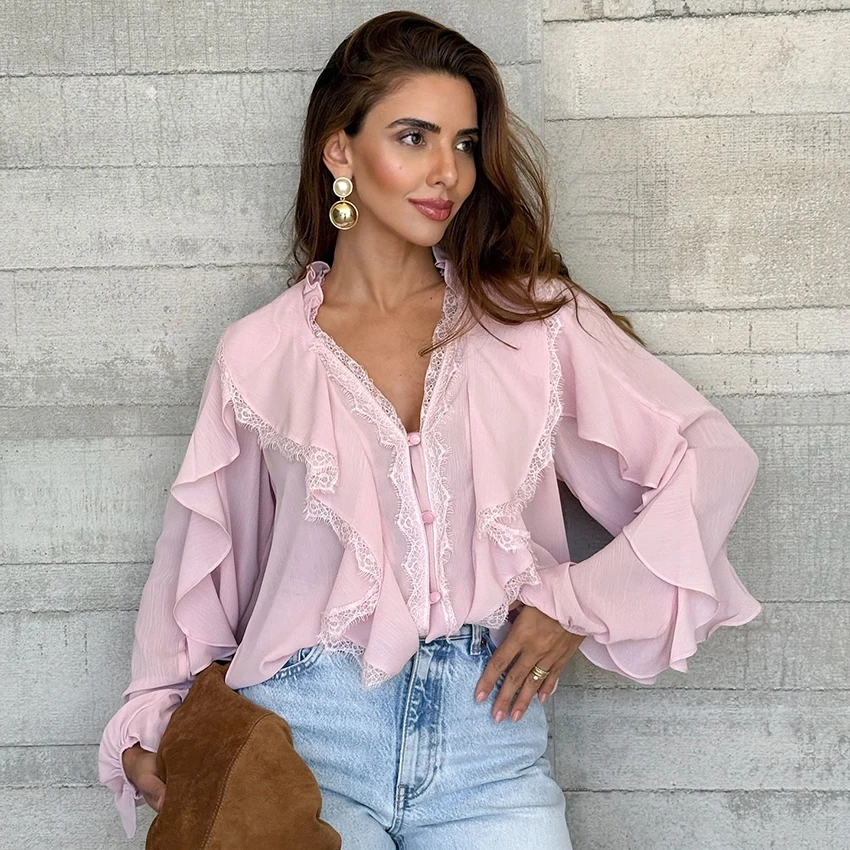 

Linad Vintage Pink Butterfly Sleeve Blouse Summer Sexy V Neck Chiffon Tops Street Chic Ruffles Long Sleeve Shirts 2025 Autumn