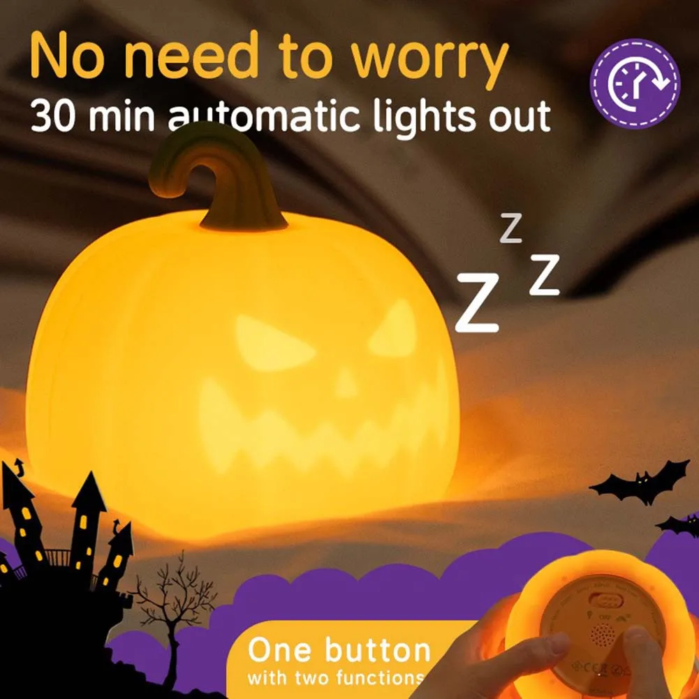 Colorful Cartoon Pumpkin Night Light with USB Rechargeable Battery Soft Silicone Eye Protection Sleep Lamp for Nursery