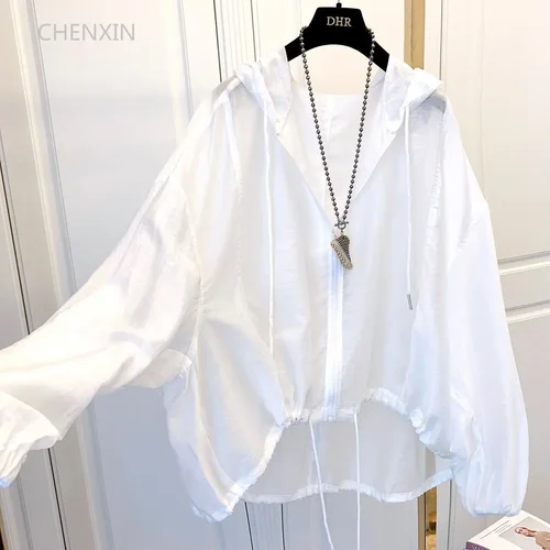 Imagen 2 del producto Chaquetas con capucha para mujer, abrigos con cremallera a prueba de sol de verano, prendas de vestir exteriores finas y holgadas transparentes, prendas de vestir transpirables, ropa ligera negra