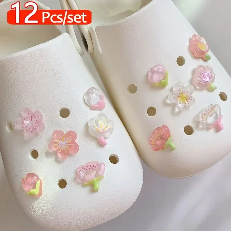 12PCS DIY Romantic Cherry Blossom Shoe Charms for Clogs Slides Sandals Garden Shoes Decorations Charm Set Accessories Kids Gifts