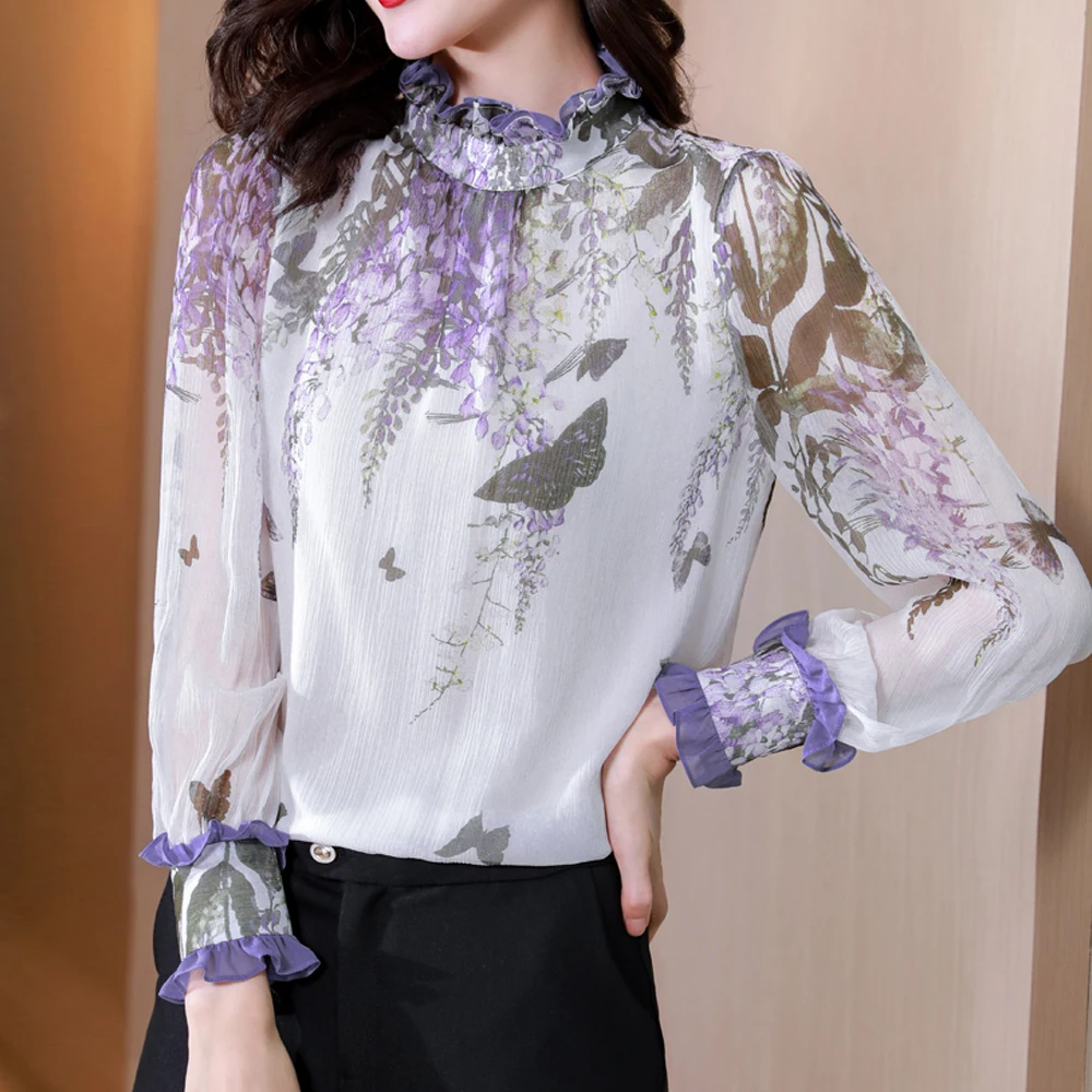 Elegant Printed Shirts Women Long Sleeved Fashion Women Silk Blouses 2024 Autumn Casual Ruffles Design Women Tops Blusas Mujer