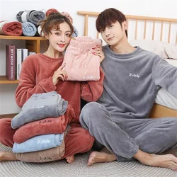 Couple Winter Pajamas Coral Fleece Soft Warm Pajamas Set Can Be Worn Outside Loose Top Elastic Waist Trousers Home Leisure Wear