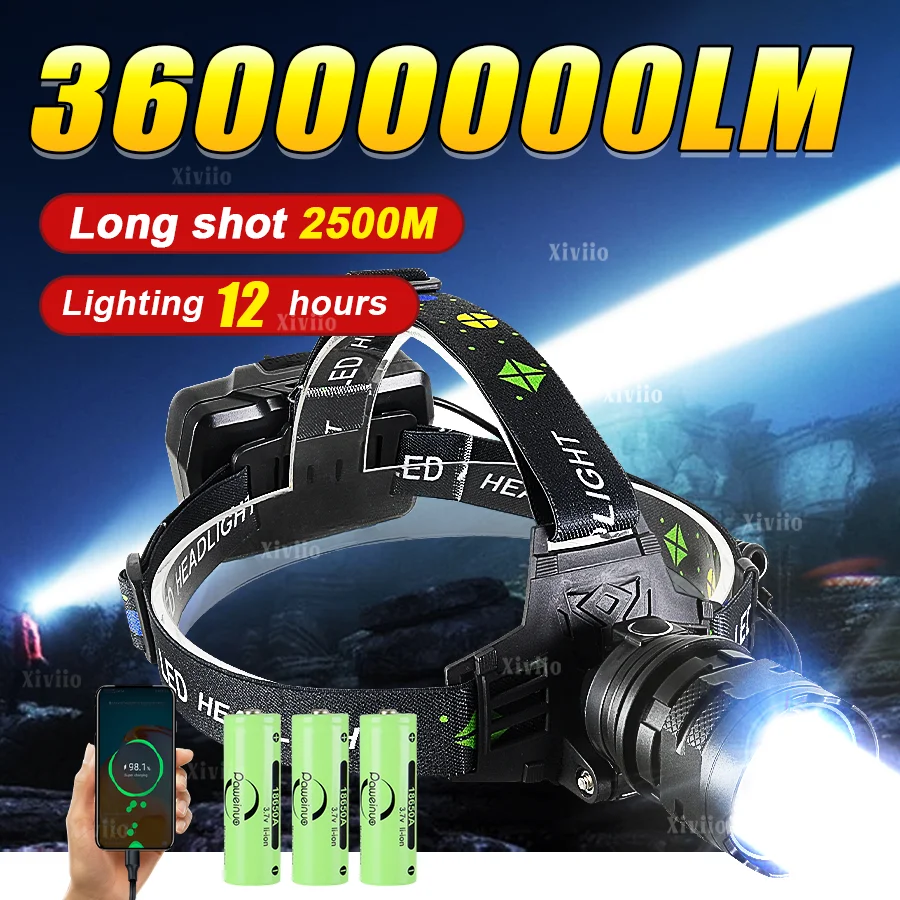 

36000000LM Super Bright LED Headlight High Power LED Rechargeable Headlamp Long Range 2500M Head Flashlight Camping Fishing Lamp