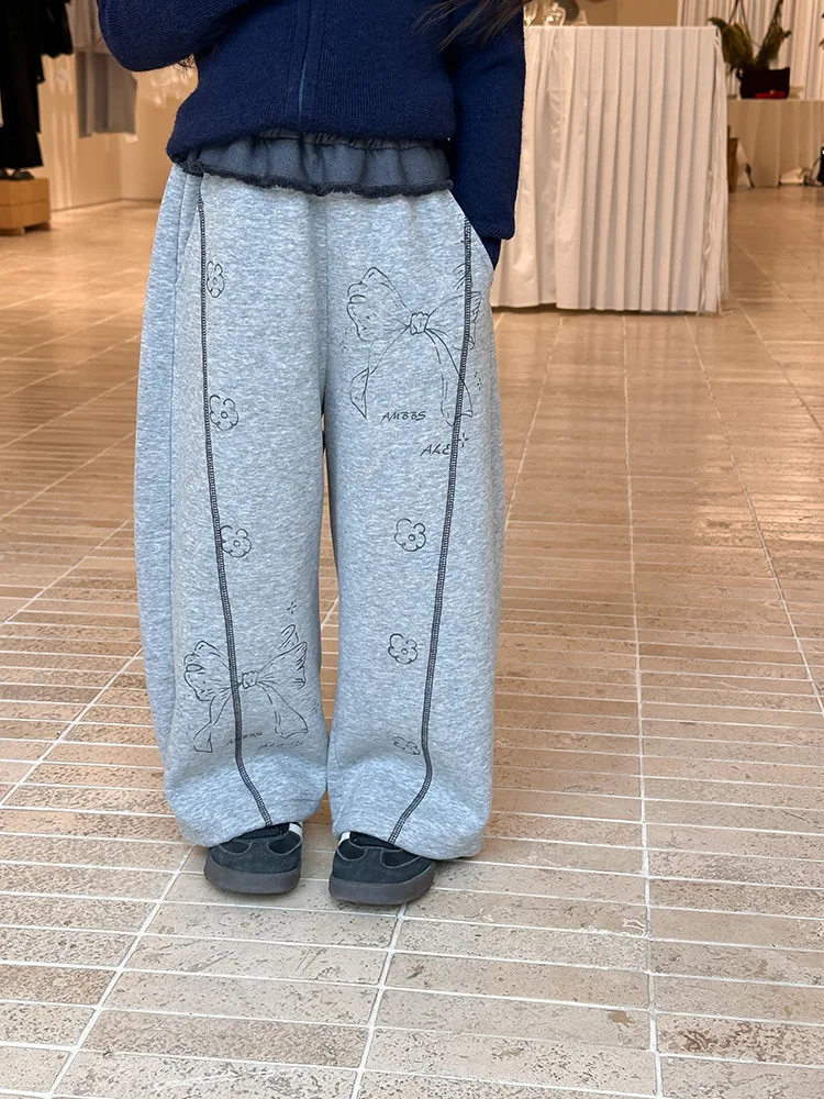 Korean Version Full-print Bow Straight-leg Pants Spliced ​​casual Pants Boutique 2025 Autumn New Fashion Mid-to-large Girls