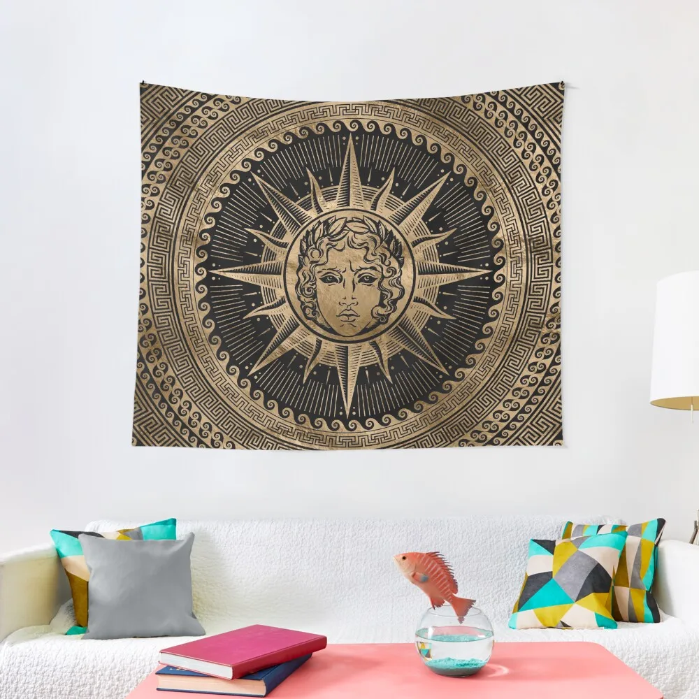 

Golden Apollo Sun God on Greek Key Ornament Tapestry Decoration For Rooms Wall Hanging Wall Aesthetic Room Decor Korean Tapestry