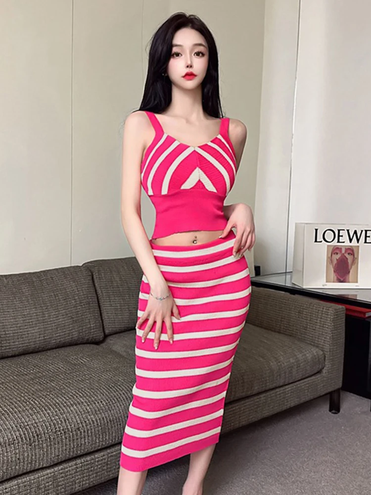 Fashion Knitted Summer 2 Pieces Outfits Women Sweater Sexy Strap Short Cropped Tops Midi Skirt Mujer Skinny Set Street Clothes