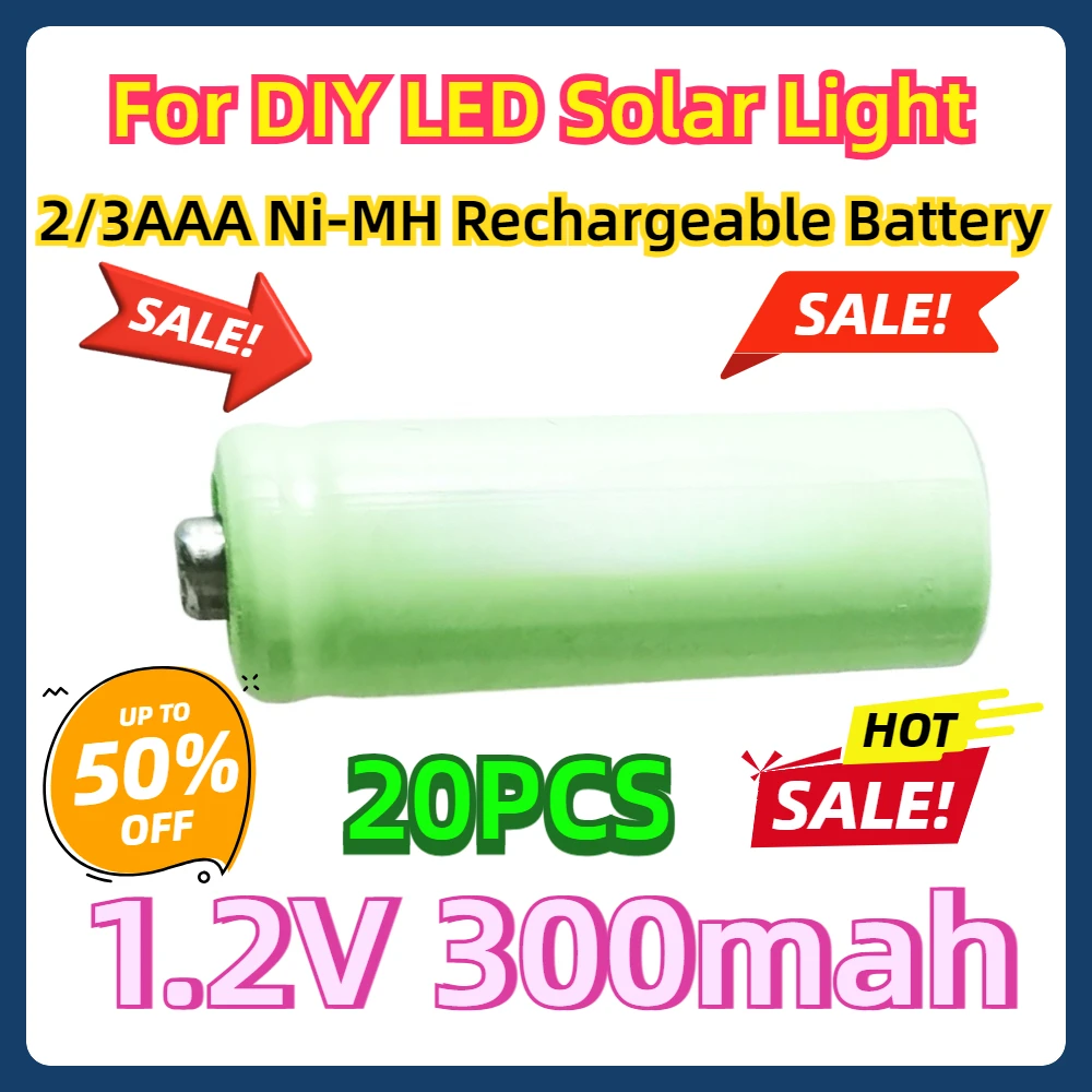 20pcs For DIY LED Solar Light 1.2V 2/3AAA Ni-MH Rechargeable Battery 300mah 2/3 AAA Nimh Cell