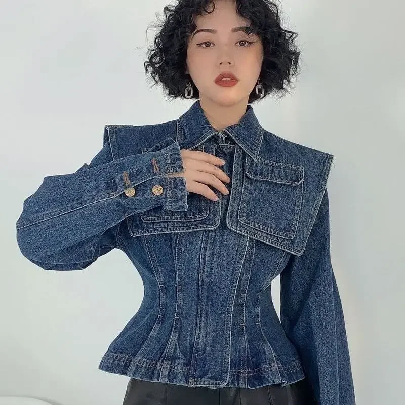 

Korean Jean Jacket Women Version Large Cape Pocket Autumn Pleated Denim Jacket Women Slim Waist Short Zipper Coat Women