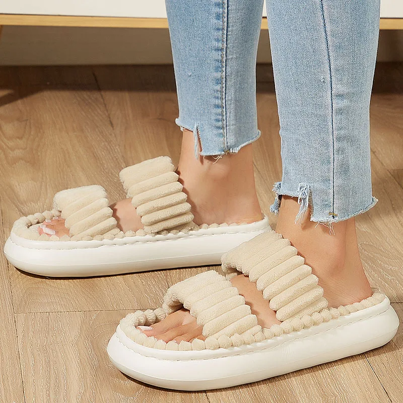 Women Home Slippers Warm Plush Ladies Fluffy Shoes Cozy Open Toe Indoor Fuzzy Slides Bottom Non-Slip Bedroom Slippers