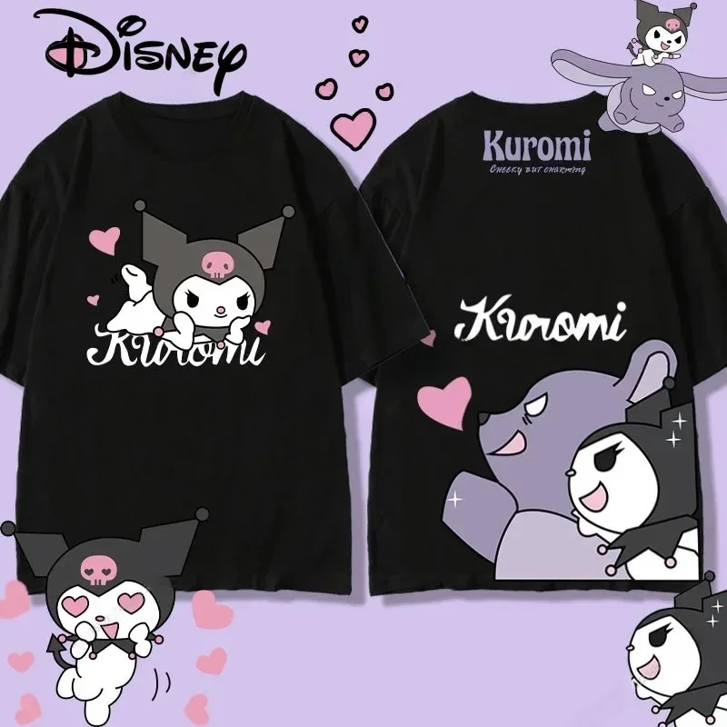 T-shirt for Women Sanrio Kuromi Cute Family Clothes 100%Cotton Oversize Hip Hop Girls Children's Short-sleeved T-shirt Tops Tees