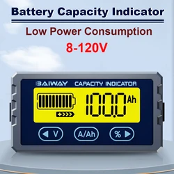 Battery Capacity Indicator 8V-120V 50A100A Low Power Consumption Coulometer Battery Volt Tester Car Motorcycle Digital Voltmeter