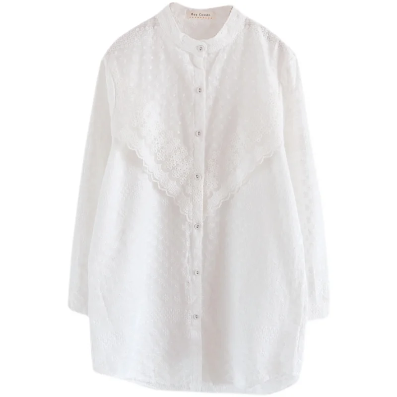 

Ele Embroidered Lace Decorated Loose Fit Court Sle White irt Women's Mid-Length Autumn Faion Fairy T Chic