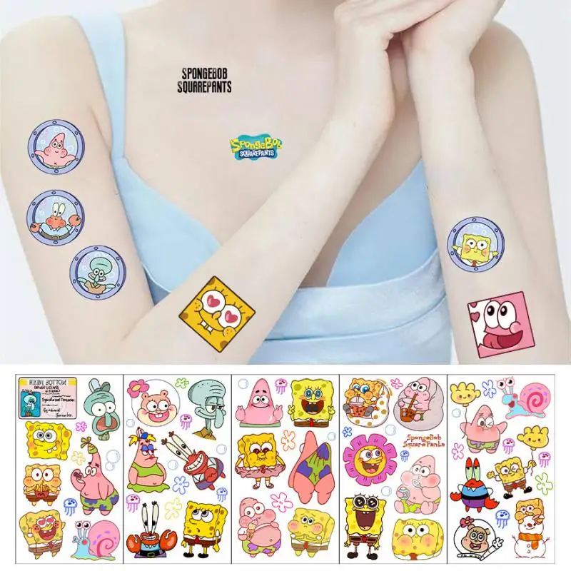 Dos desenhos animados Bob Esponja Tatuagem Temporária Etiqueta, Body Art Adesivos, Cosplay Party Toys para Crianças, Presentes de Aniversário, Novo, 10pcs por conjunto