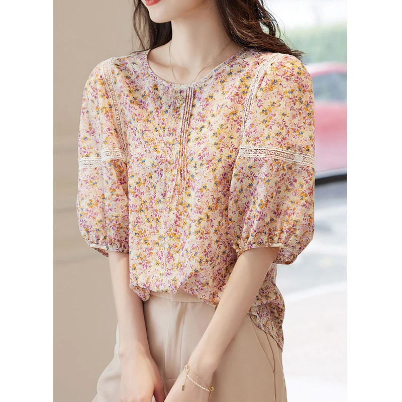 Women Lace Patchwork Chic Sweet Blouses Summer Trendy O Neck Half Sleeve Loose Shirts Korean Elegant Tops Blusa Mujer Moda 2023