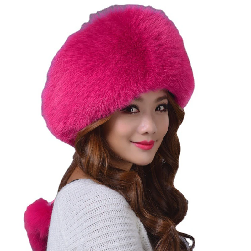 High Quality Whole Skin Real Fox Fur Hat Russian Winter Warm Fluffy Fox Fur Bomber Hat Luxury Women Mongolian Princess Hat