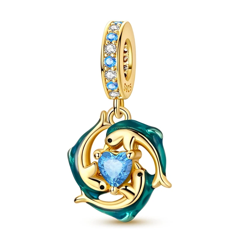 

925 Sterling Silver Charms Bead CZ Zircon Golden Dolphin Heart Dangle Fit Original Bracelet DIY Women Jewelry